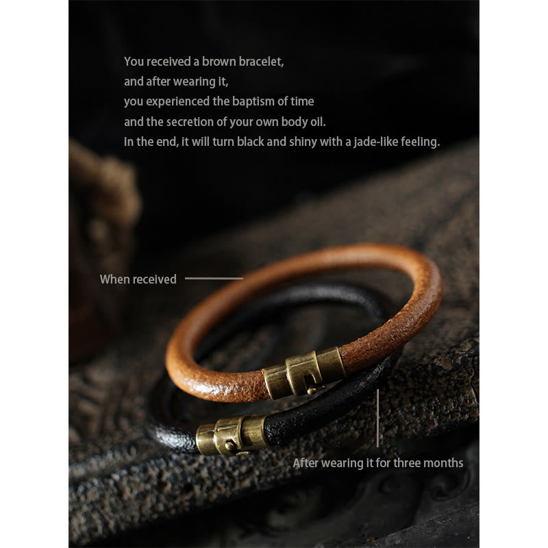Wear FengShui Retro Leather Luck Healing Copper Magnetic Buckle Bracelet