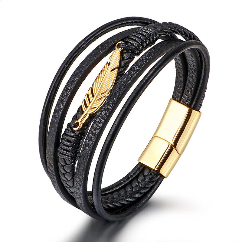 Wear FengShui Feather Pattern Multilayer Leather Titanium Steel Calm Braided Magnetic Buckle Bracelet