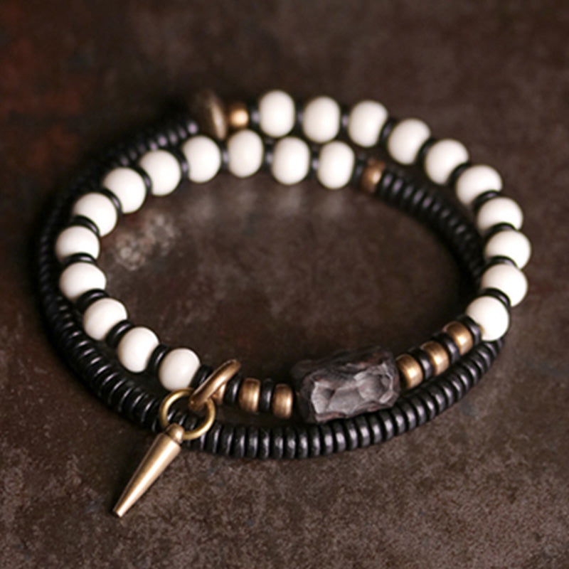 Wear FengShui Bone Beads Ebony Wood Copper Strength Couple Bracelet