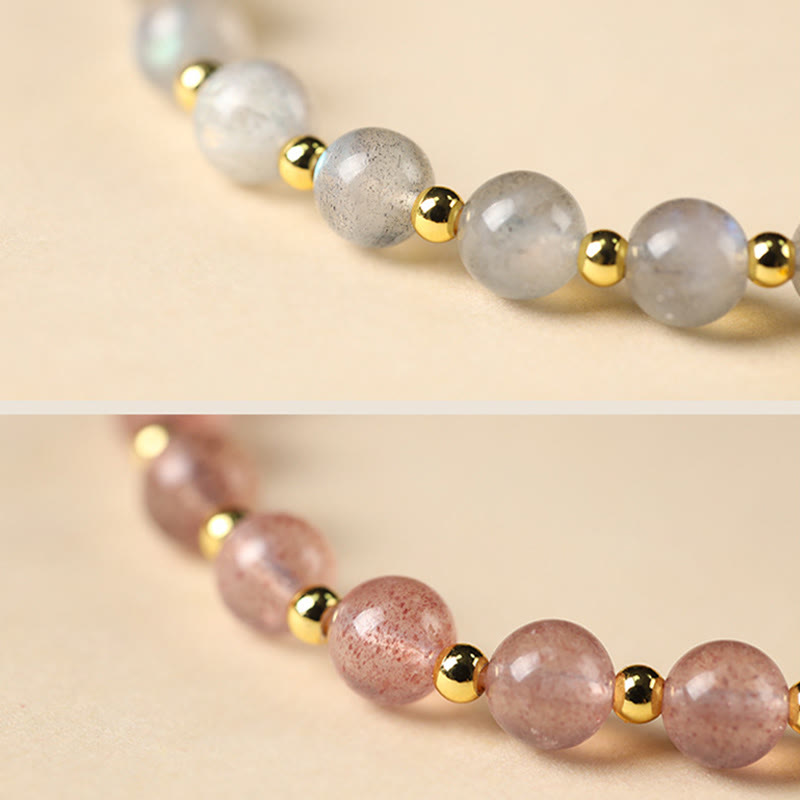 Wear FengShui 14K Gold Plated Natural Strawberry Quartz Labradorite Sun Stone Fu Character Positive Charm Bracelet