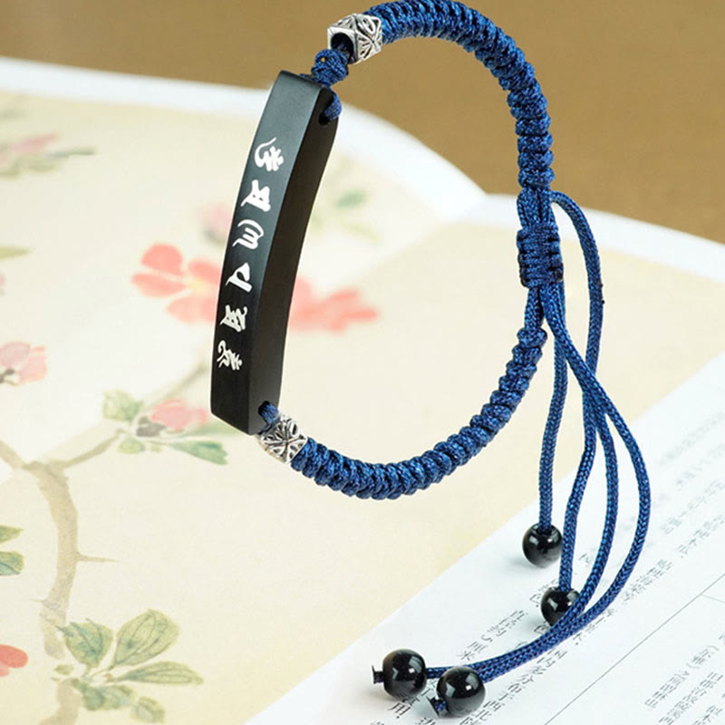 Wear FengShui Buddhism Six True Words Wood Ebony Wood Silver Inlaid Protection Bracelet