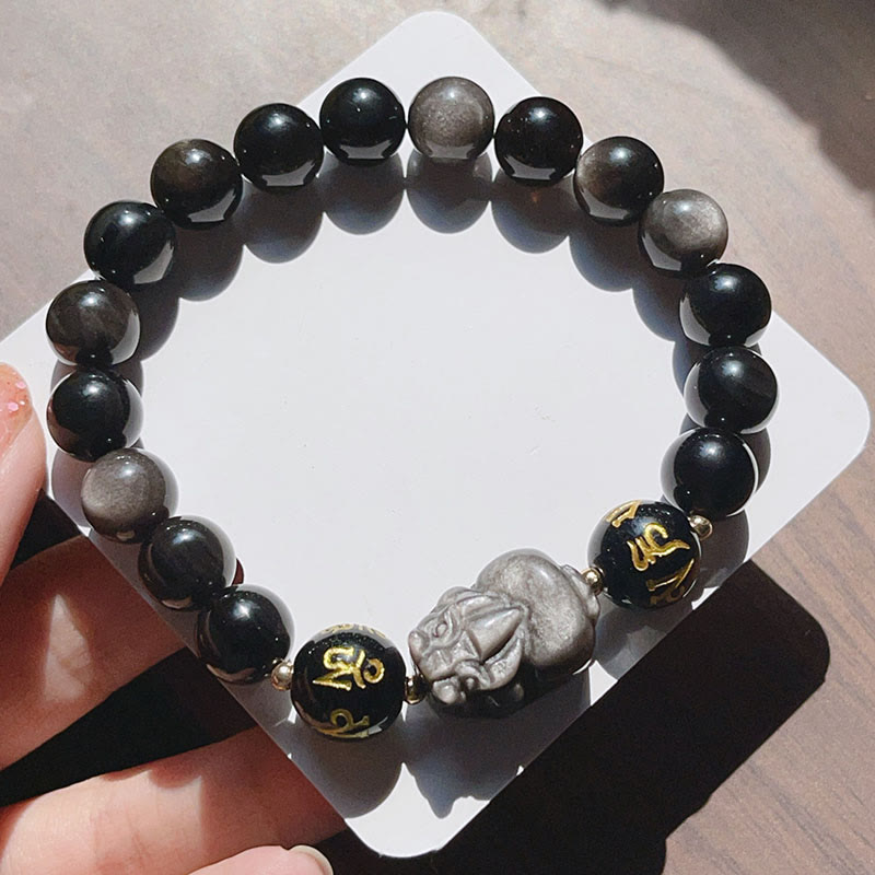 Wear FengShui Natural Silver Sheen Obsidian Black Obsidian Om Mani Padme Hum Pixiu Protection Bracelet