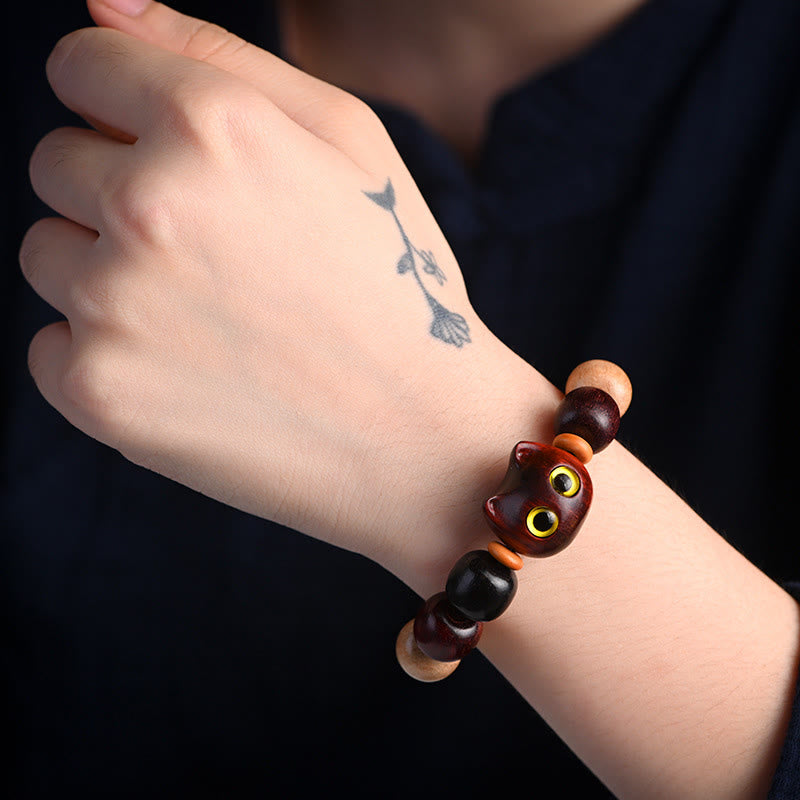 Wear FengShui Small Leaf Red Sandalwood Ebony Wood Cute Cat Engraved Protection Bracelet