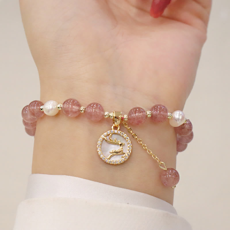 Wear FengShui Strawberry Quartz Pearl Elk Smiley Face Fishtail Fu Character Charm Healing Bracelet