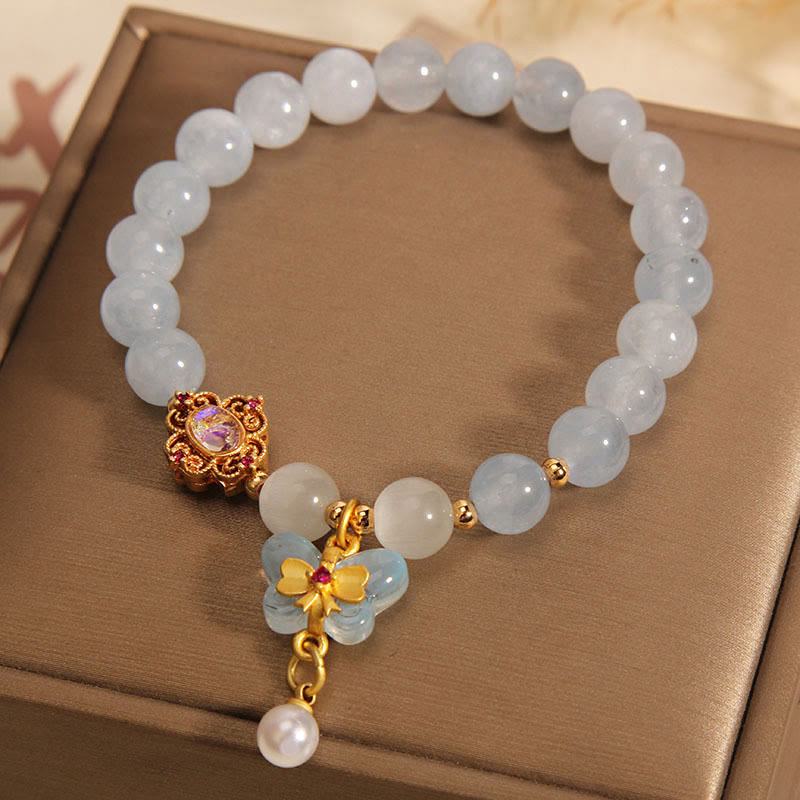 Wear FengShui Aquamarine Cat's Eye Healing Butterfly Pearl Charm Bracelet