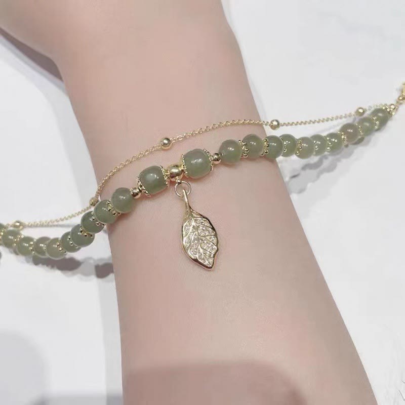 Wear FengShui Jade Leaf Ginkgo Tulip Peanut Fu Character Luck Beaded Bracelet