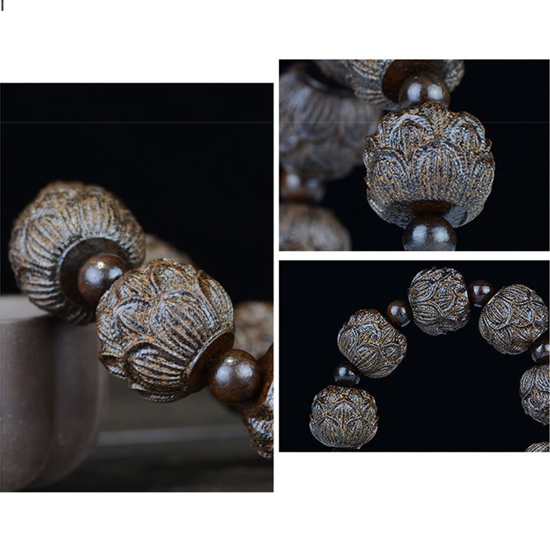 Wear FengShui Ebony Wood Eighteen Arhats Lotus Dragon Engraved Balance Bracelet