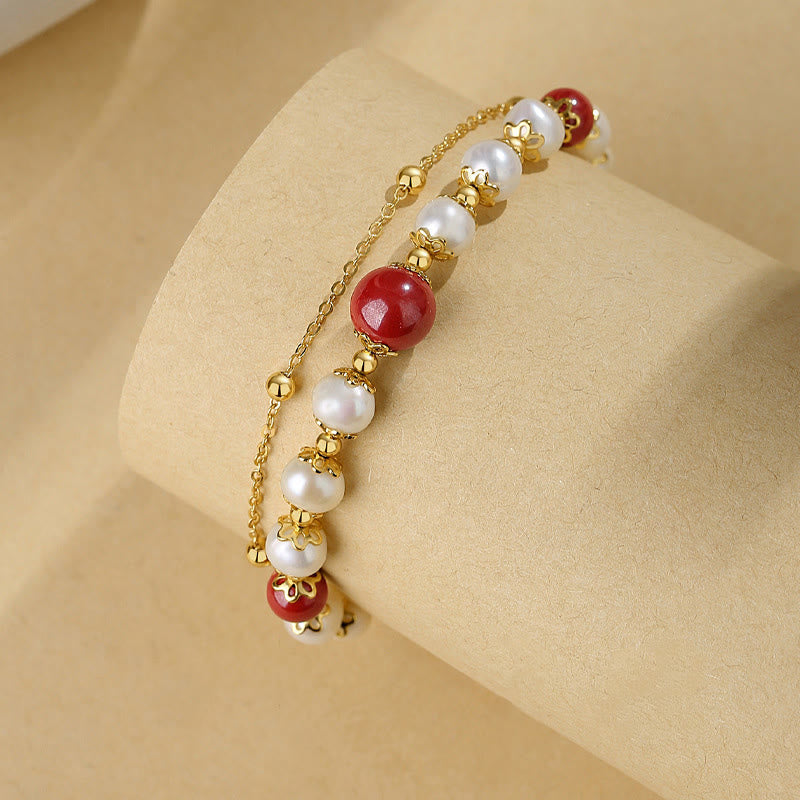 Wear FengShui 925 Sterling Silver Pearl Cinnabar Wisdom Bead Double Layer Chain Bracelet