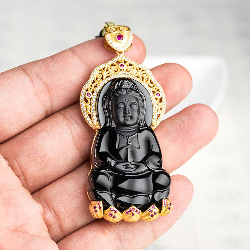 Wear FengShui Natural Black Jade Kwan Yin Avalokitesvara Wealth Titanium Steel Chain Necklace Pendant