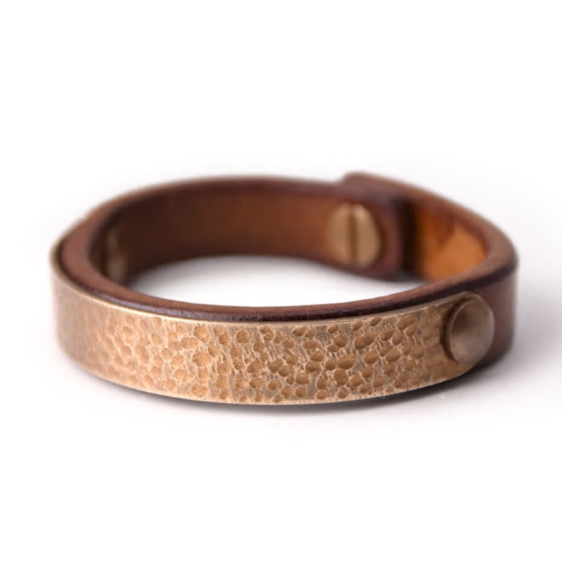 Wear FengShui Vintage Handmade Texture Copper Brass Leather Wealth Bracelet Bangle