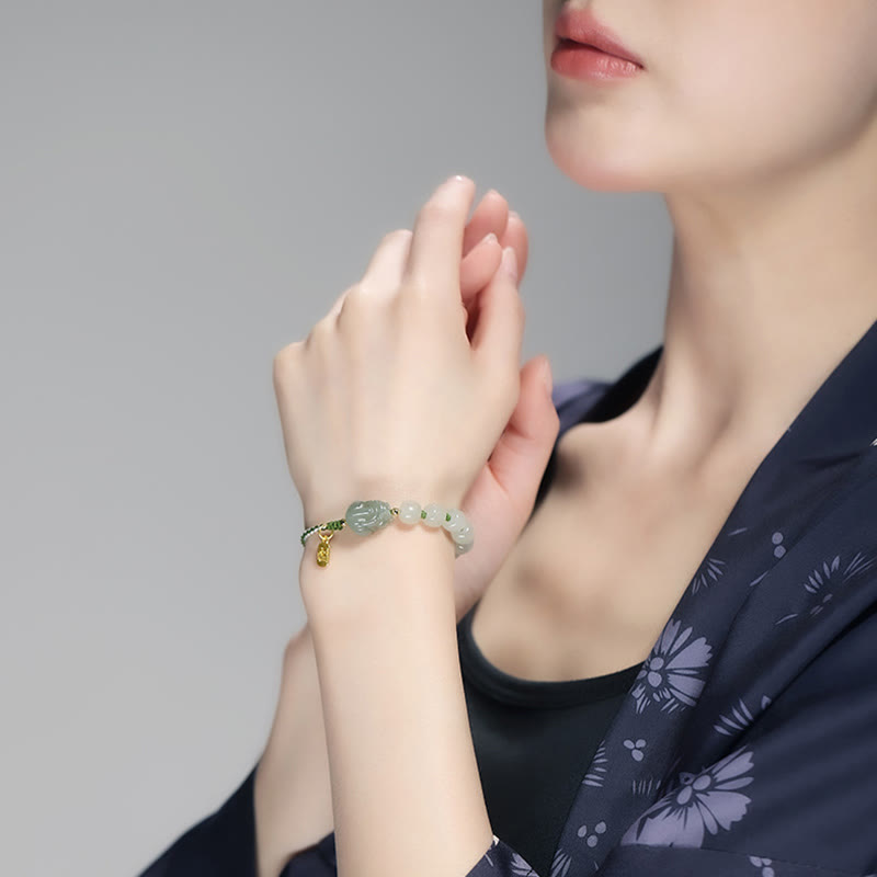 Wear FengShui Natural Hetian Jade PiXiu Luck Fu Character String Bracelet
