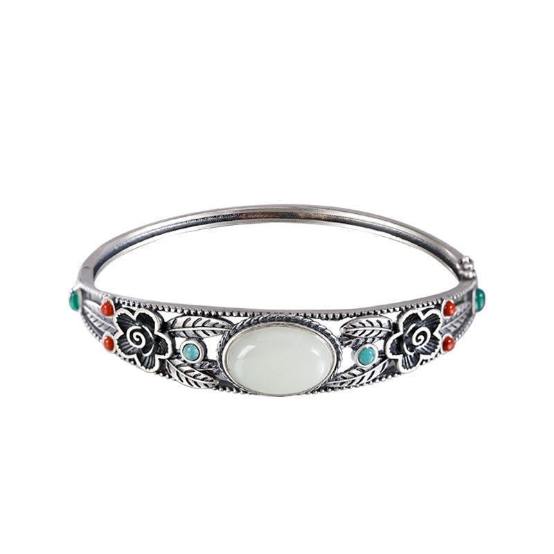 Wear FengShui Cyan Jade White Jade Flower Leaf Harmony Luck Bracelet Bangle