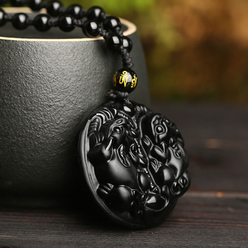 Wear FengShui Black Obsidian Double Pixiu Bead Rope Purification Necklace Pendant