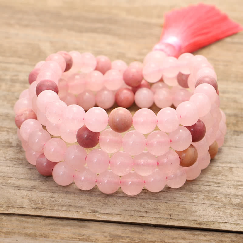 Wear FengShui 108 Mala Beads Pink Crystal Love Tassel Bracelet