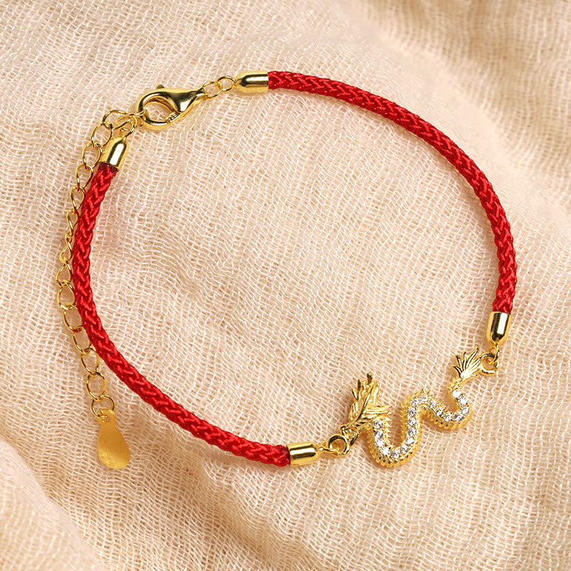 Wear FengShui 925 Sterling Silver Year Of The Dragon Auspicious Golden Dragon Luck Red Rope Chain Bracelet