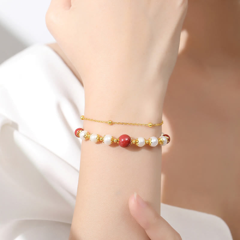 Wear FengShui 925 Sterling Silver Pearl Cinnabar Wisdom Bead Double Layer Chain Bracelet