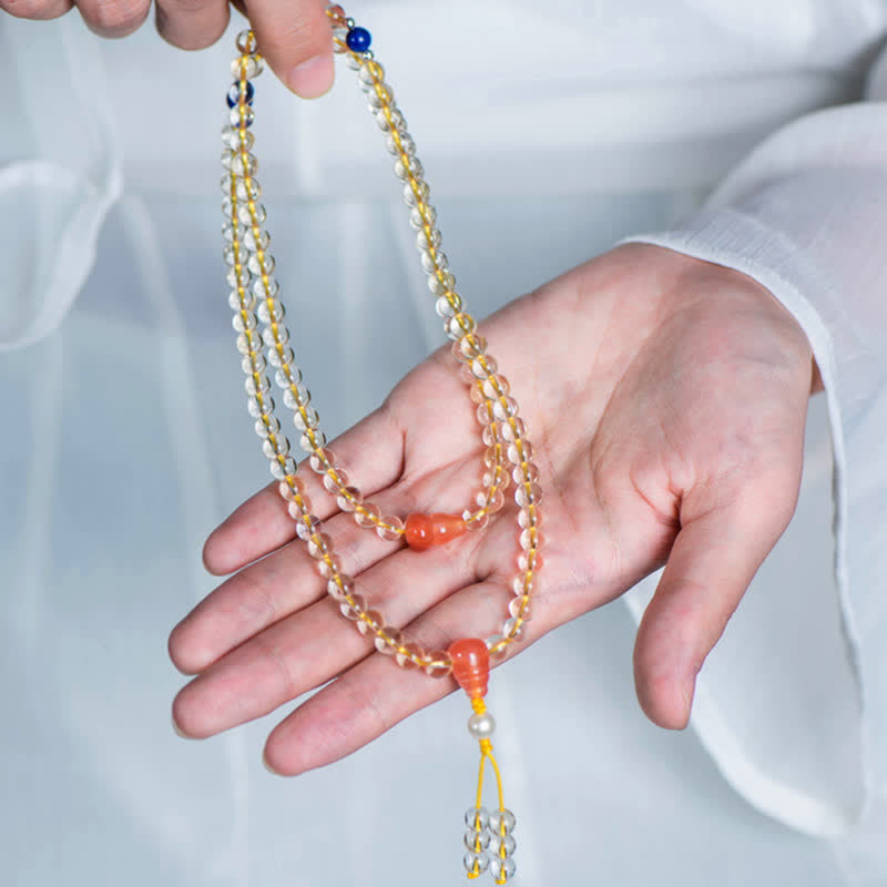 Wear FengShui 108 Mala Beads 925 Sterling Silver Natural Citrine Red Agate White Jade Prosperity Charm Bracelet