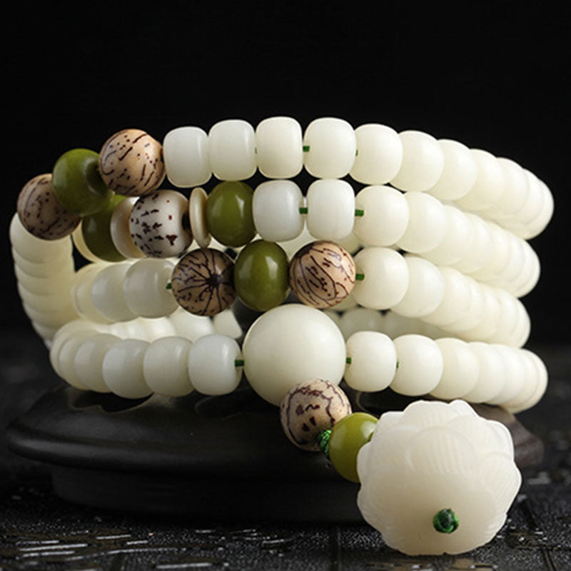 Wear FengShui White Jade Bodhi Lotus Mala Harmony Necklace Bracelet