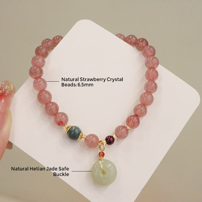 Wear FengShui Natural Strawberry Quartz Jade Peace Buckle Coin Purse Healing Bracelet