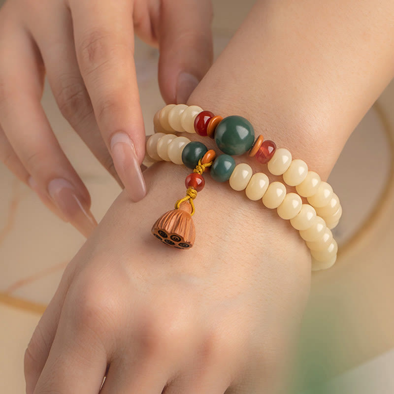 Wear FengShui Bodhi Seed Lotus Pod Charm Peace Double Wrap Bracelet