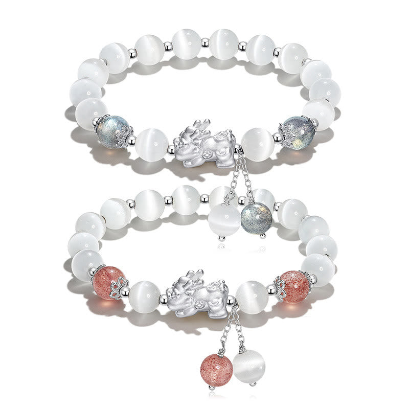 Wear FengShui Natural Cat's Eye Moonstone Strawberry Quartz PiXiu Support Bracelet