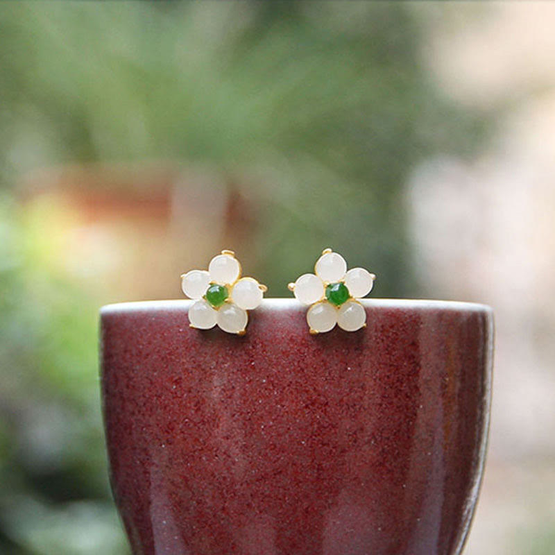 Wear FengShui White Jade Flower Luck Blessing Stud Earrings