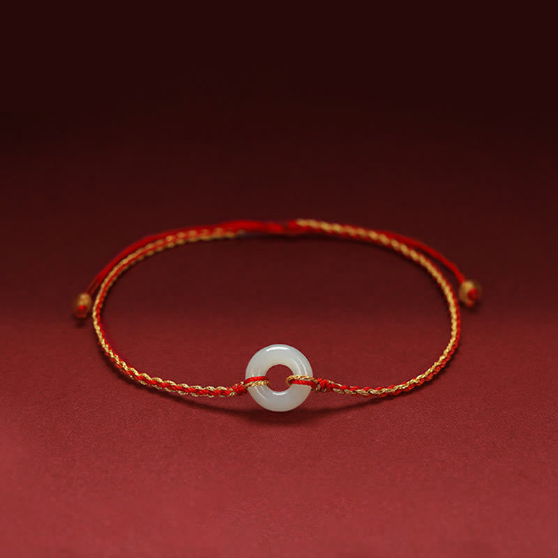 Wear FengShui Round Peace Buckle Jade Luck Abundance Braided Bracelet Anklet