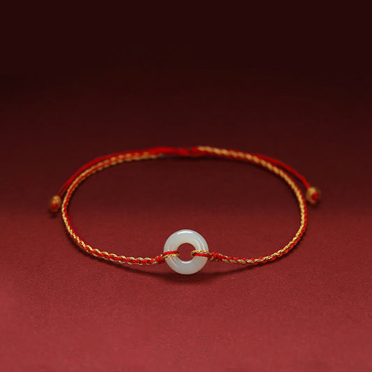 Wear FengShui Round Peace Buckle Jade Luck Abundance Braided Bracelet Anklet