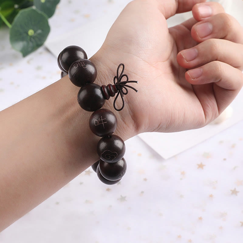 Wear FengShui 925 Sterling Silver Inlaid Small Leaf Red Sandalwood Om Mani Padme Hum Character Auspicious Clouds Protection Bracelet