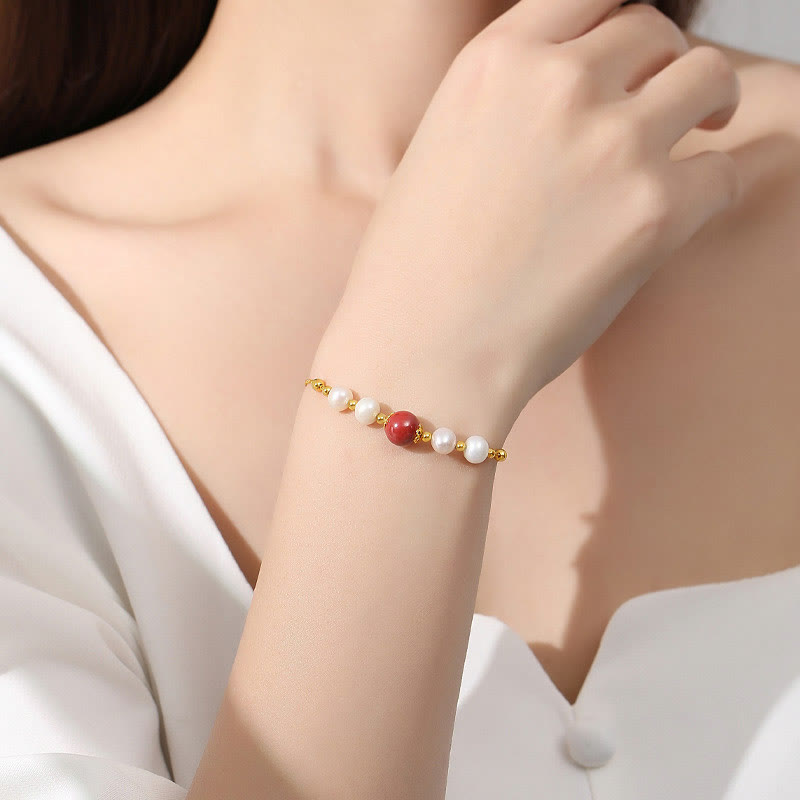 Wear FengShui 925 Sterling Silver Pearl Cinnabar Healing Bead Chain Bracelet