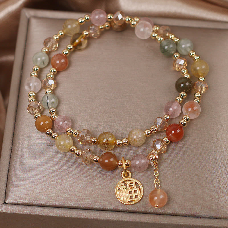 Wear FengShui Multicolored Rutilated Quartz Fu Character Auspiciousness Bracelet