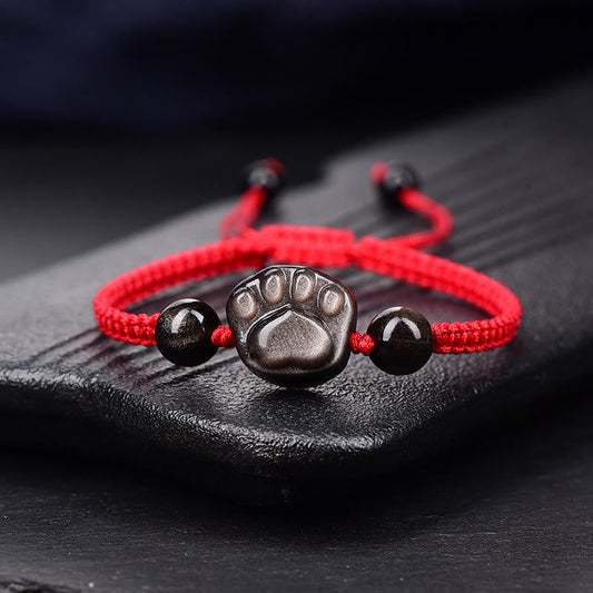 Wear FengShui Natural Silver Sheen Obsidian Gold Sheen Obsidian Cute Cat Paw Claw Protection Rope Bracelet