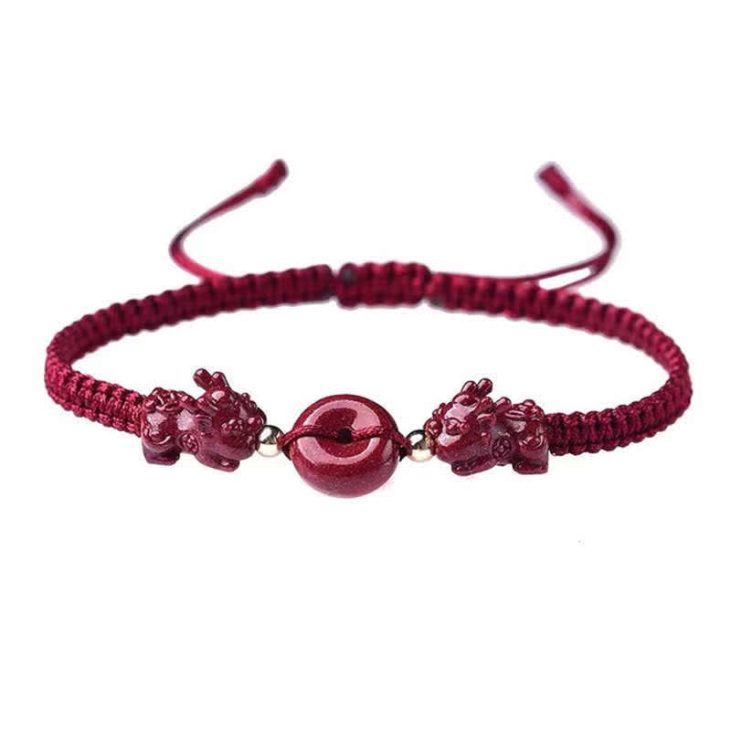 Wear FengShui Cinnabar PiXiu Blessing Copper Coin Peace Buckle Red String Bracelet
