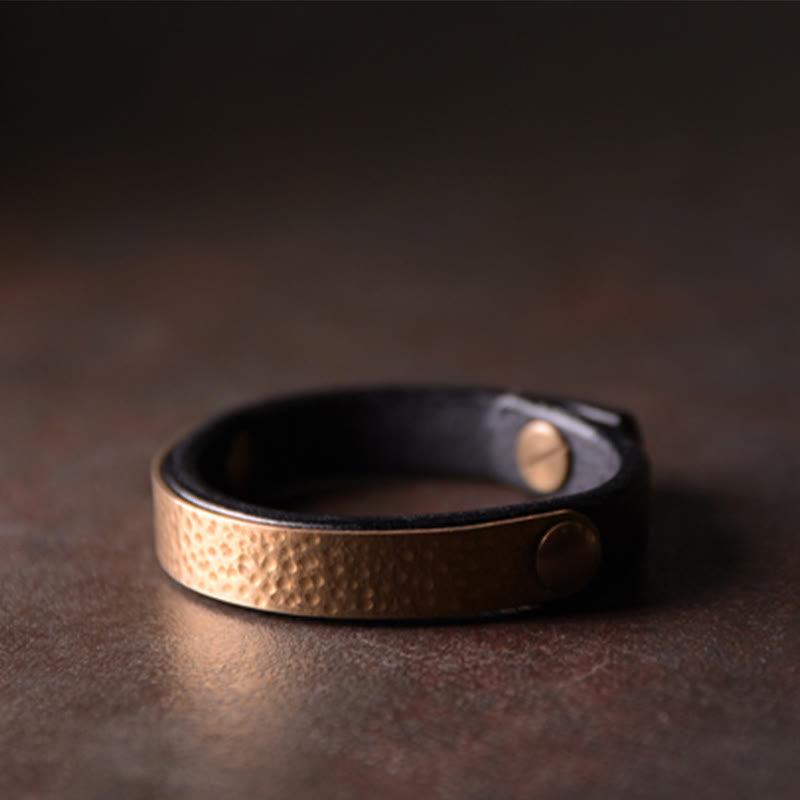 Wear FengShui Vintage Handmade Texture Copper Brass Leather Wealth Bracelet Bangle