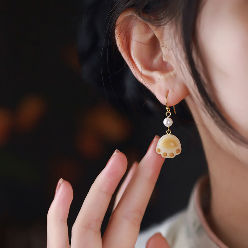 Wear FengShui Bodhi Seed Lovely Cat Paw Claw Peace Dangle Drop Earrings