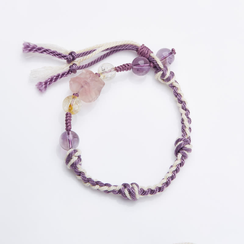 Wear FengShui Natural Fluorite Amethyst Silver Sheen Obsidian Tiger's Eye Protection Rope Bracelet