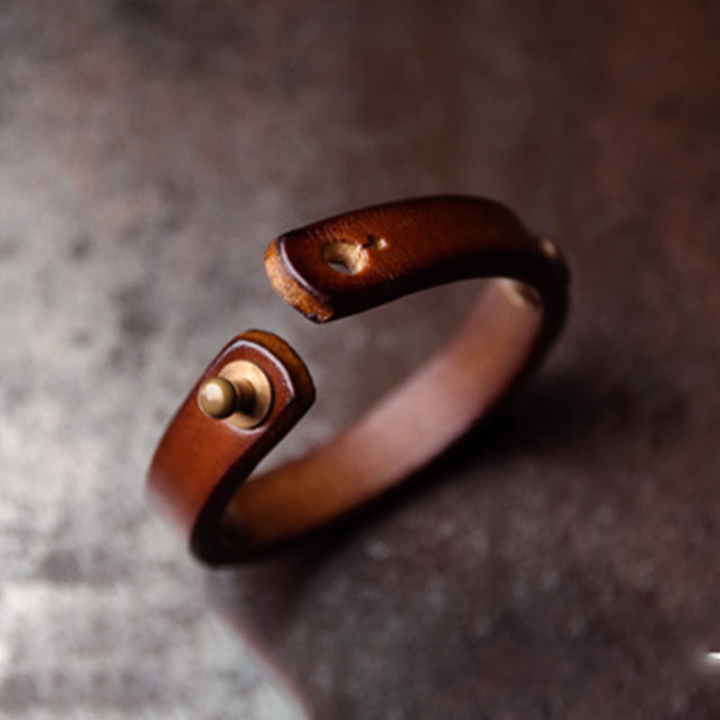 Wear FengShui Vintage Handmade Texture Copper Brass Leather Wealth Bracelet Bangle