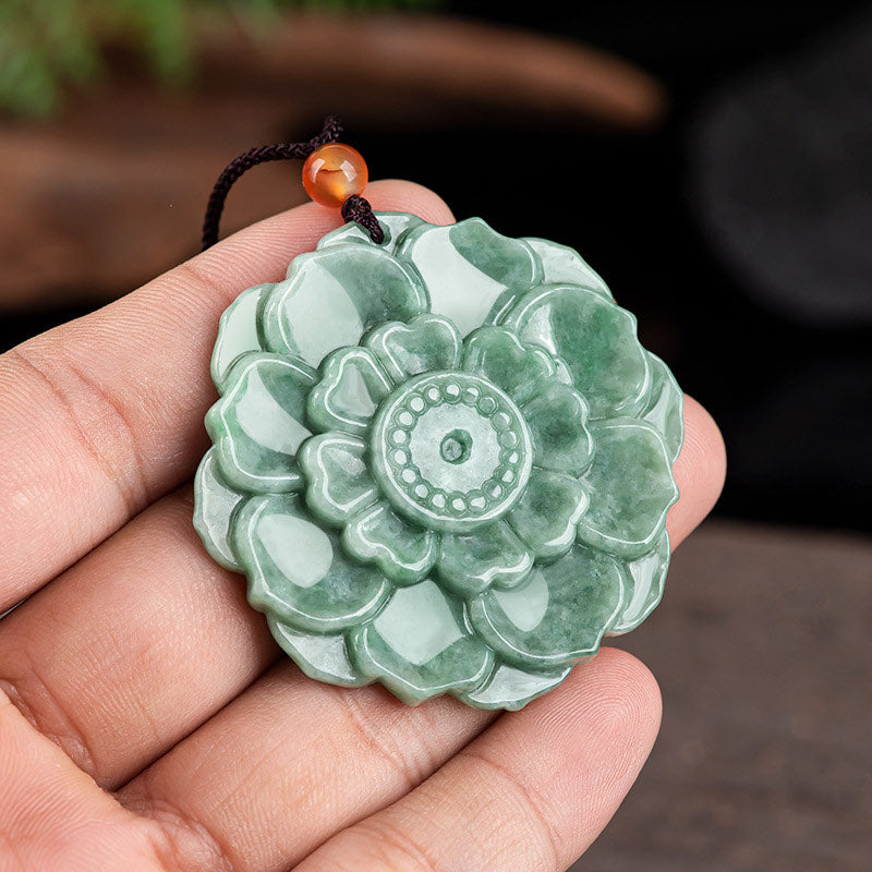 Wear FengShui Lotus Pattern Jade Luck Prosperity Necklace Pendant