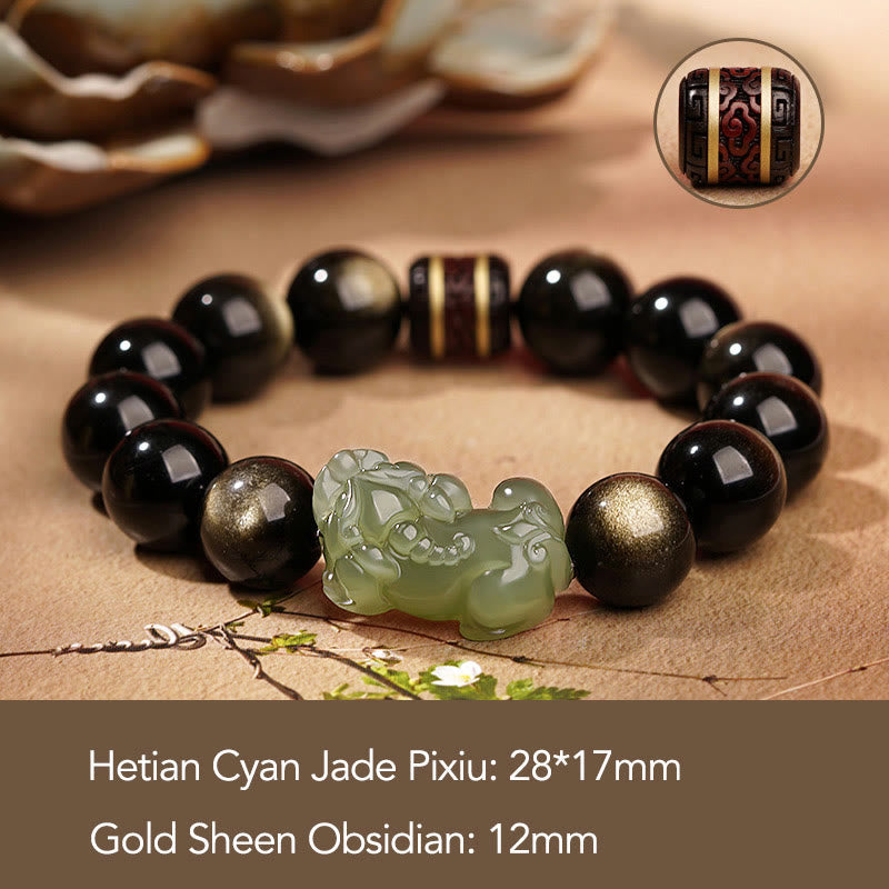 Wear FengShui Natural Gold Sheen Obsidian Hetian Cyan Jade White Jade PiXiu Wealth Bracelet