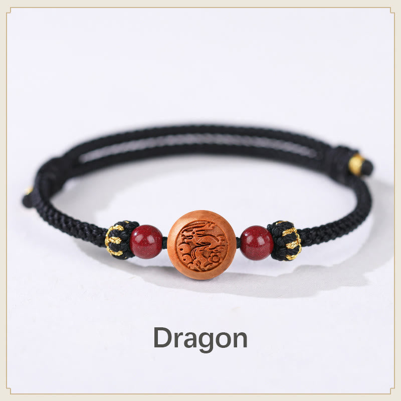 Wear FengShui Natural Peach Wood Chinese Zodiac Fu Character Carved Cinnabar Wealth Bracelet