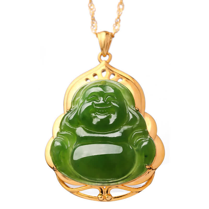 Wear FengShui 925 Sterling Silver Natural Hetian Cyan Jade Laughing Buddha 18K Gold Healing Necklace Chain Pendant