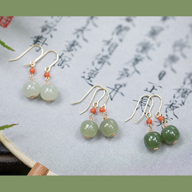 Wear FengShui 925 Sterling Silver Plated 14k Gold Hetian Jade Red Agate Luck Drop Dangle Earrings