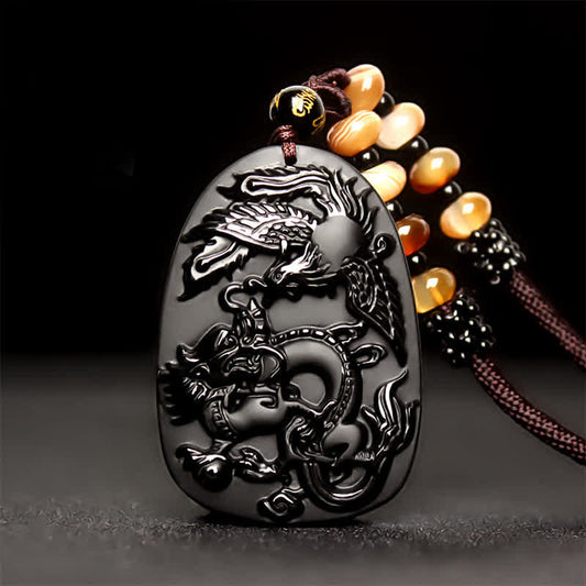 Wear FengShui Black Obsidian Tiger Eye Dragon Phoenix Protection Beaded Necklace Pendant