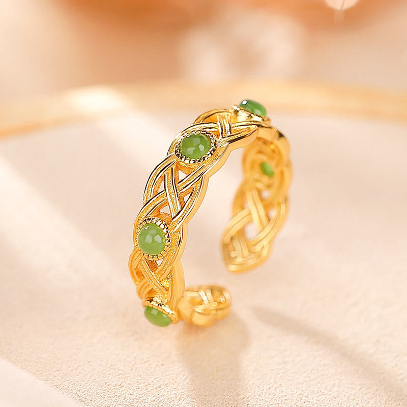 Wear FengShui 925 Sterling Silver Plated Gold Cyan Jade Braided Design Success Luck Adjustable Ring