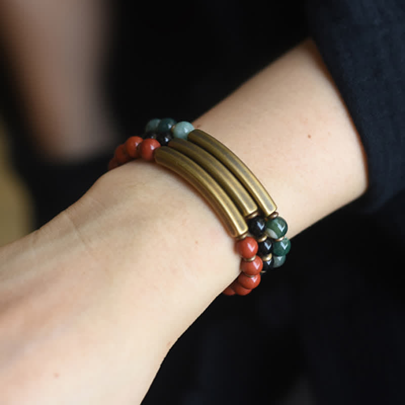 Wear FengShui Red Jasper Moss Agate Black Obsidian Crystal Copper Peace Couple Bracelet