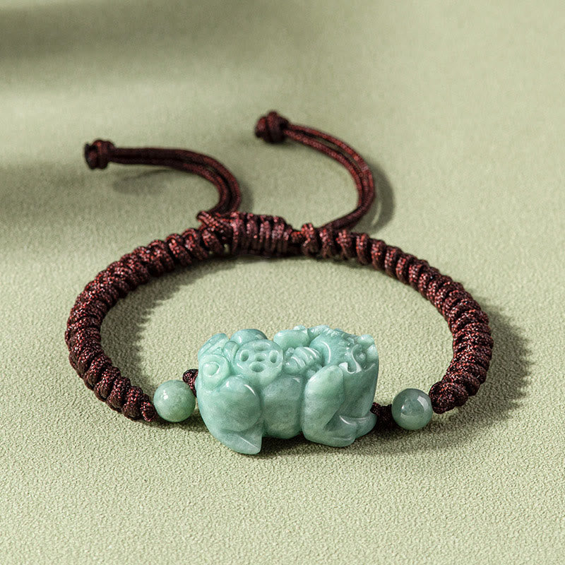 Wear FengShui Handmade Natural Jade PiXiu Protection King Kong Knot Braided String Bracelet