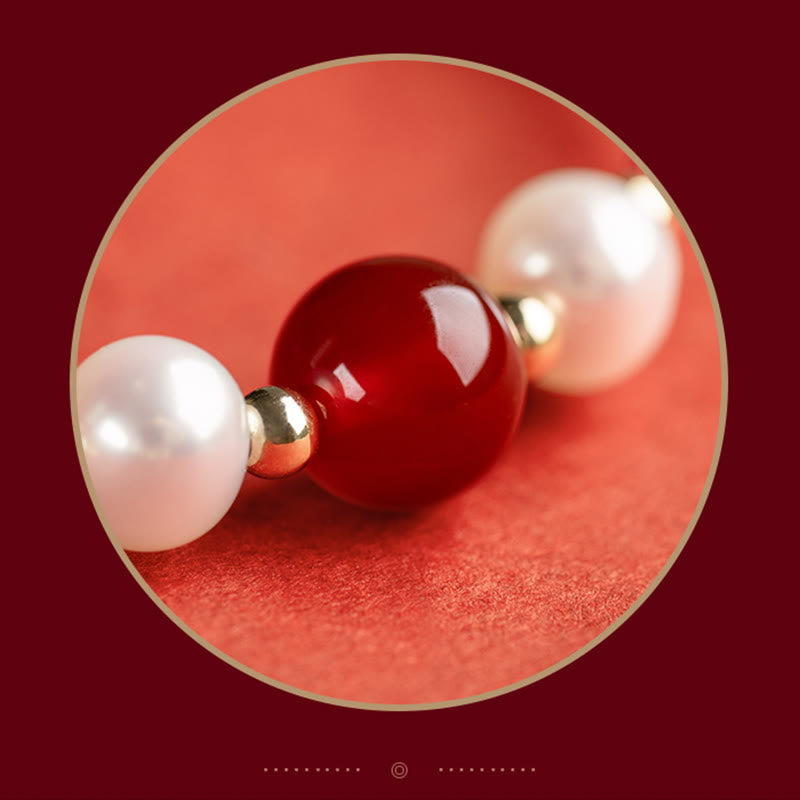 Wear FengShui 925 Sterling Silver Good Fortune Fu Character Agate Pearl Red String Braid Bracelet
