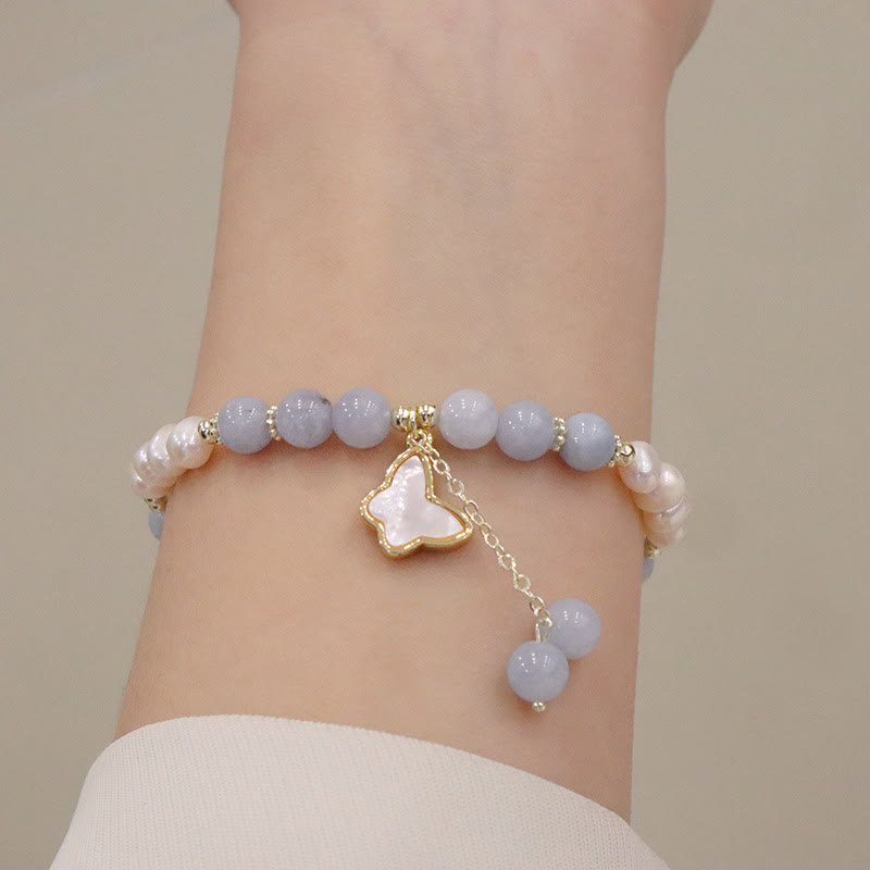 Wear FengShui Natural Aquamarine Pearl Healing Ginkgo Leaf Butterfly Charm Bracelet