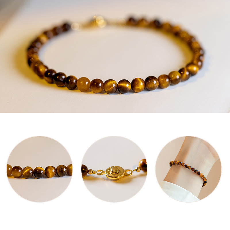 Wear FengShui 14K Gold Plated Natural Tiger Eye Stone Courage Protection Bracelet
