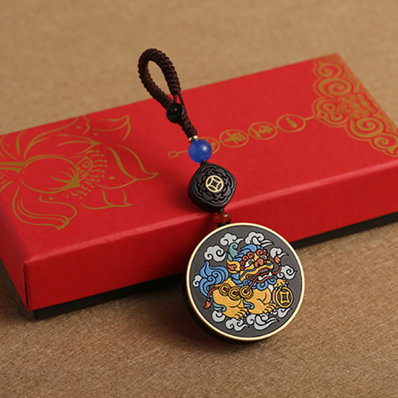 Wear FengShui PiXiu Copper Coin Ebony Wood Luck Attract Wealth Key Chain Decoration